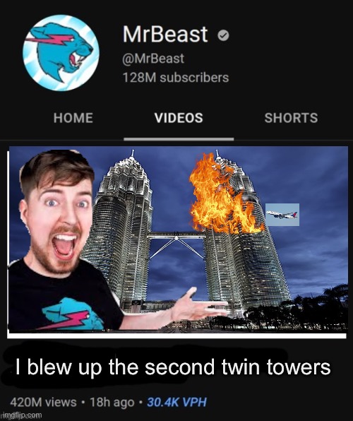 Mr beast | I blew up the second twin towers | image tagged in mrbeast thumbnail template,mrbeast,911 9/11 twin towers impact,911,funny,funny memes | made w/ Imgflip meme maker