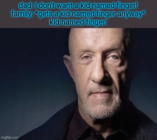 mike ehrmantraut | dad: I don't want a kid named finger!
family: *gets a kid named finger anyway*
kid named finger: | image tagged in mike ehrmantraut,kid named,finger,kid named finger,breaking bad | made w/ Imgflip meme maker