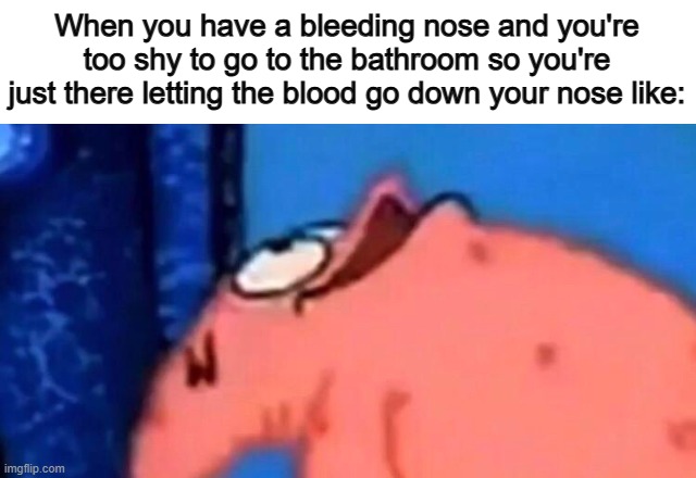 No comment XD | When you have a bleeding nose and you're too shy to go to the bathroom so you're just there letting the blood go down your nose like: | image tagged in patrick looking up | made w/ Imgflip meme maker