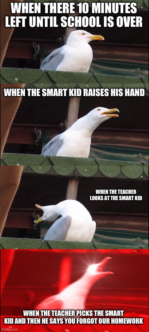 Inhaling Seagull | WHEN THERE 10 MINUTES LEFT UNTIL SCHOOL IS OVER; WHEN THE SMART KID RAISES HIS HAND; WHEN THE TEACHER LOOKS AT THE SMART KID; WHEN THE TEACHER PICKS THE SMART KID AND THEN HE SAYS YOU FORGOT OUR HOMEWORK | image tagged in memes,inhaling seagull,smart kid,annoying | made w/ Imgflip meme maker