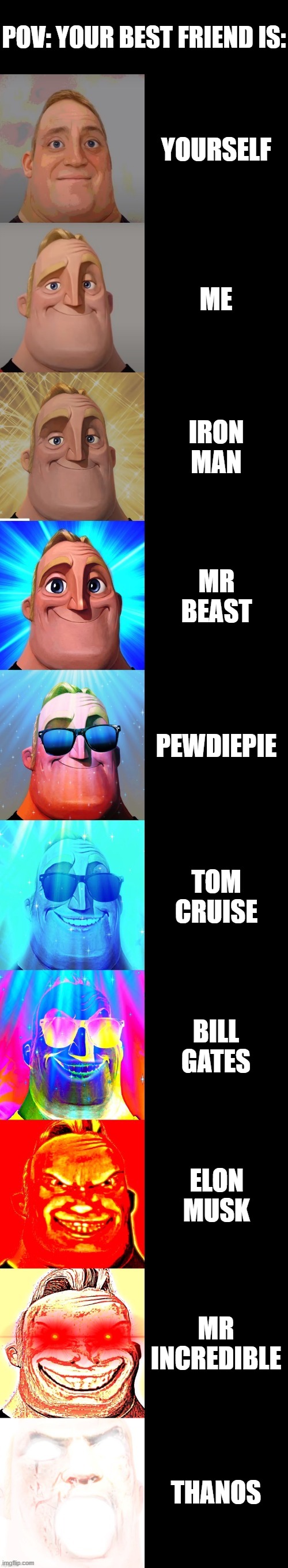 Mr incredible becoming canny POV: your best friend is: (fixed) | POV: YOUR BEST FRIEND IS:; YOURSELF; ME; IRON MAN; MR BEAST; PEWDIEPIE; TOM CRUISE; BILL GATES; ELON MUSK; MR INCREDIBLE; THANOS | image tagged in mr incredible becoming canny | made w/ Imgflip meme maker