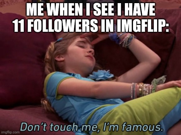 Don't touch me I'm famous | ME WHEN I SEE I HAVE 11 FOLLOWERS IN IMGFLIP: | image tagged in don't touch me i'm famous | made w/ Imgflip meme maker