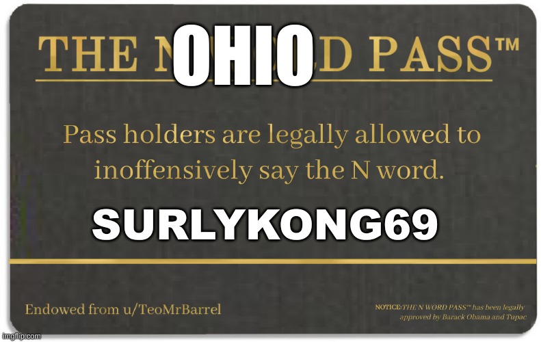 N word pass | OHIO; SURLYKONG69 | image tagged in n word pass | made w/ Imgflip meme maker