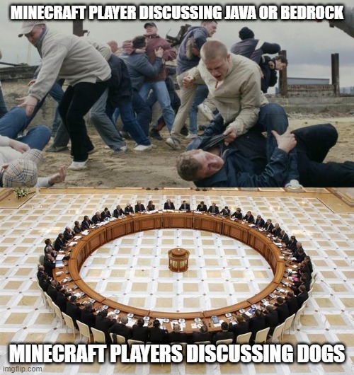 Men Discussing Men Fighting | MINECRAFT PLAYER DISCUSSING JAVA OR BEDROCK; MINECRAFT PLAYERS DISCUSSING DOGS | image tagged in men discussing men fighting | made w/ Imgflip meme maker