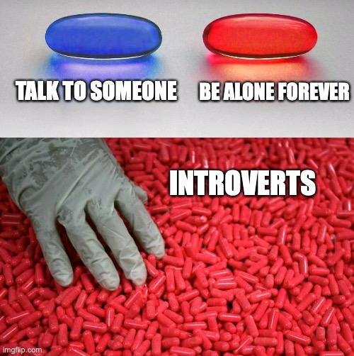 Relatable for introverts | TALK TO SOMEONE; BE ALONE FOREVER; INTROVERTS | image tagged in blue or red pill,memenade | made w/ Imgflip meme maker
