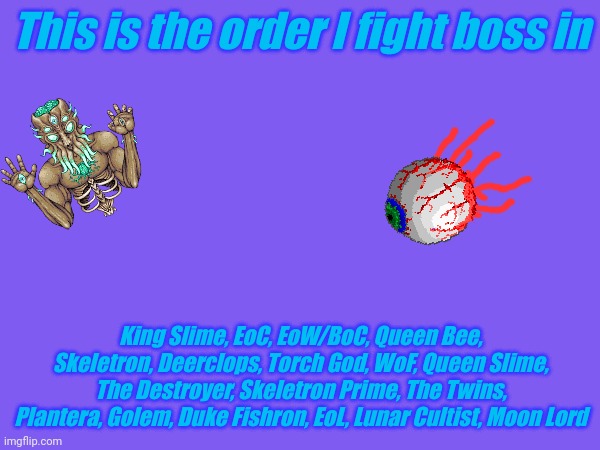 This is the order I fight boss in; King Slime, EoC, EoW/BoC, Queen Bee, Skeletron, Deerclops, Torch God, WoF, Queen Slime, The Destroyer, Skeletron Prime, The Twins, Plantera, Golem, Duke Fishron, EoL, Lunar Cultist, Moon Lord | made w/ Imgflip meme maker