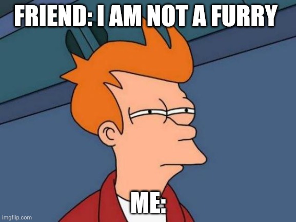 Futurama Fry Meme | FRIEND: I AM NOT A FURRY; ME: | image tagged in memes,futurama fry | made w/ Imgflip meme maker