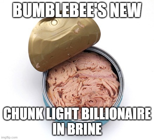 Tuna | BUMBLEBEE'S NEW; CHUNK LIGHT BILLIONAIRE
IN BRINE | image tagged in a series of unfortunate events | made w/ Imgflip meme maker