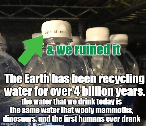 Expired Water? | & we ruined it; The Earth has been recycling water for over 4 billion years. the water that we drink today is the same water that wooly mammoths, dinosaurs, and the first humans ever drank | image tagged in water,water bottle,ruin,after all these years | made w/ Imgflip meme maker