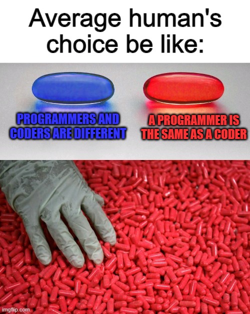 I just learned that a programmer and a coder are actually different... :O | Average human's choice be like:; PROGRAMMERS AND CODERS ARE DIFFERENT; A PROGRAMMER IS THE SAME AS A CODER | image tagged in blue or red pill | made w/ Imgflip meme maker