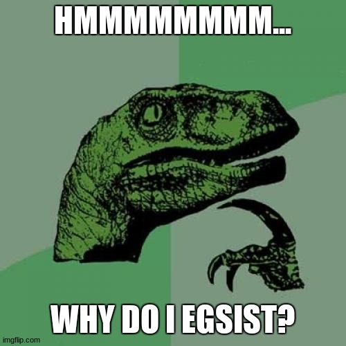 questionning his existence | HMMMMMMMM... WHY DO I EGSIST? | image tagged in memes,philosoraptor | made w/ Imgflip meme maker