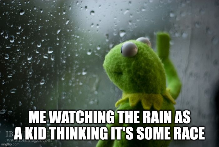 kermit window | ME WATCHING THE RAIN AS A KID THINKING IT'S SOME RACE | image tagged in kermit window | made w/ Imgflip meme maker