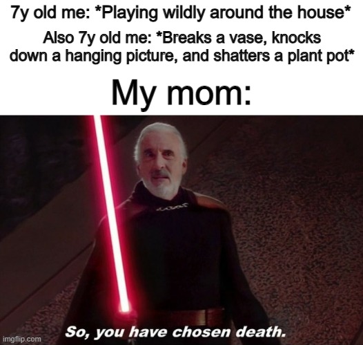 "I'm screwed" ._. | 7y old me: *Playing wildly around the house*; Also 7y old me: *Breaks a vase, knocks down a hanging picture, and shatters a plant pot*; My mom: | image tagged in so you have choosen death | made w/ Imgflip meme maker