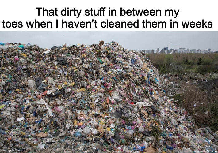 I hid an image in the pile of trash if you find it I will follow you | That dirty stuff in between my toes when I haven’t cleaned them in weeks | image tagged in trash,ugly,toes | made w/ Imgflip meme maker