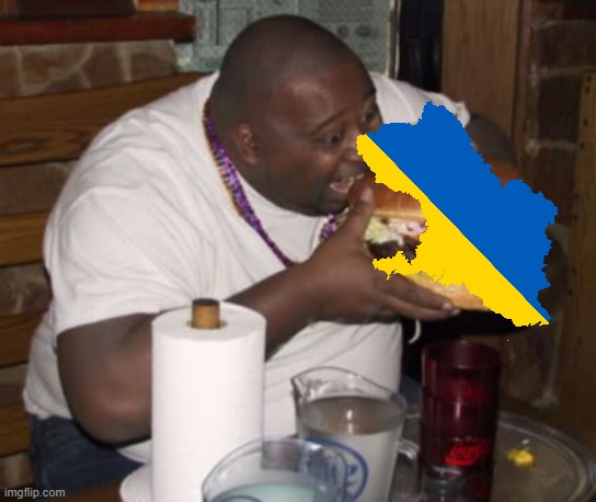 How eating Ukraine affects global warming | image tagged in fat guy eating burger | made w/ Imgflip meme maker