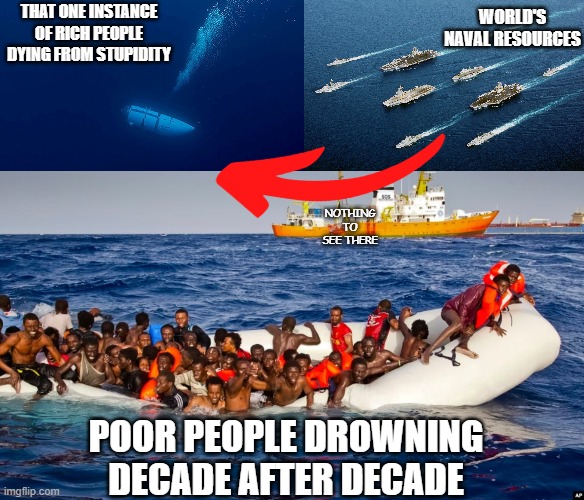 titan poor people | WORLD'S NAVAL RESOURCES; THAT ONE INSTANCE OF RICH PEOPLE DYING FROM STUPIDITY; NOTHING TO SEE THERE; POOR PEOPLE DROWNING
DECADE AFTER DECADE | image tagged in titan,titanic,refugees,navy | made w/ Imgflip meme maker
