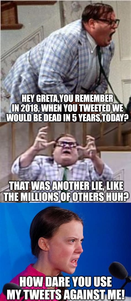 HEY GRETA,YOU REMEMBER IN 2018, WHEN YOU TWEETED WE WOULD BE DEAD IN 5 YEARS,TODAY? THAT WAS ANOTHER LIE, LIKE THE MILLIONS OF OTHERS HUH? HOW DARE YOU USE MY TWEETS AGAINST ME! | made w/ Imgflip meme maker