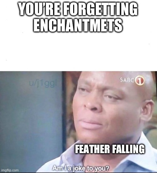 am I a joke to you | YOU’RE FORGETTING ENCHANTMENTS FEATHER FALLING | image tagged in am i a joke to you | made w/ Imgflip meme maker