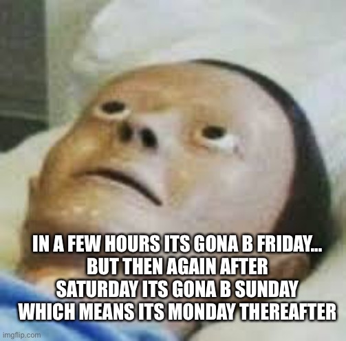Damn! | IN A FEW HOURS ITS GONA B FRIDAY…
BUT THEN AGAIN AFTER SATURDAY ITS GONA B SUNDAY WHICH MEANS ITS MONDAY THEREAFTER | image tagged in traumatized mannequin | made w/ Imgflip meme maker