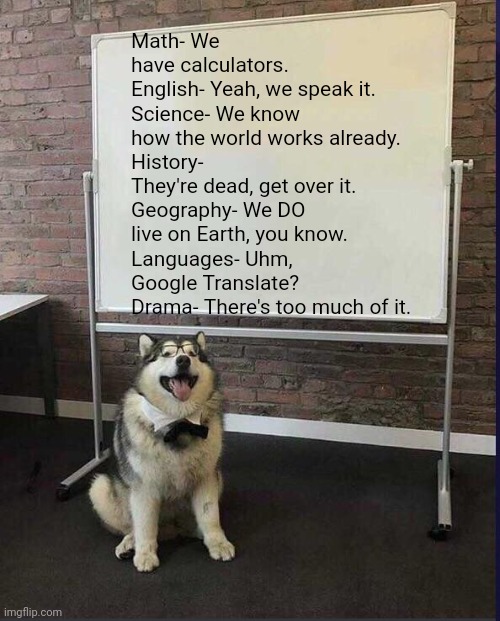 Doggo explains why school is pointless. (this is a joke obviously) | Math- We have calculators.
English- Yeah, we speak it.
Science- We know how the world works already.
History- They're dead, get over it.
Geography- We DO live on Earth, you know.
Languages- Uhm, Google Translate?
Drama- There's too much of it. | image tagged in whiteboard husky | made w/ Imgflip meme maker