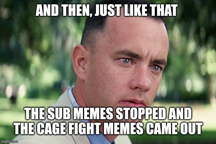 A prediction | AND THEN, JUST LIKE THAT; THE SUB MEMES STOPPED AND THE CAGE FIGHT MEMES CAME OUT | image tagged in forrest gump - and just like that - hd | made w/ Imgflip meme maker