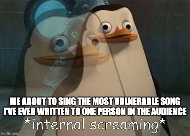 Stage-Anxiety Penguin | ME ABOUT TO SING THE MOST VULNERABLE SONG I'VE EVER WRITTEN TO ONE PERSON IN THE AUDIENCE | image tagged in private internal screaming,musician jokes,musicians,performance,social anxiety | made w/ Imgflip meme maker