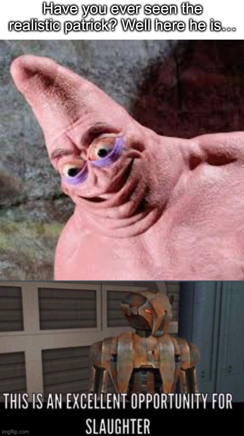 What. The. Ultimate. Hell. | Have you ever seen the realistic patrick? Well here he is… | image tagged in excellent opportunity for slaughter,memes,cursed image,patrick star,spongebob squarepants,funny | made w/ Imgflip meme maker