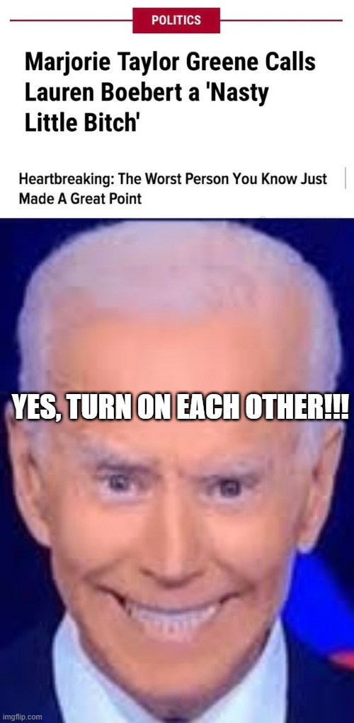The Way to Win? | YES, TURN ON EACH OTHER!!! | image tagged in biden grin | made w/ Imgflip meme maker