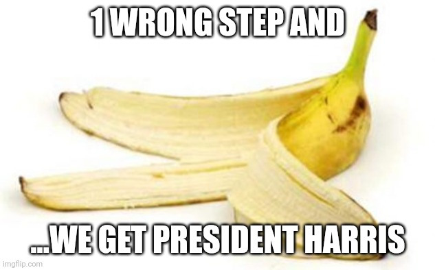 Doing us slowly | 1 WRONG STEP AND; ...WE GET PRESIDENT HARRIS | image tagged in banana peel | made w/ Imgflip meme maker