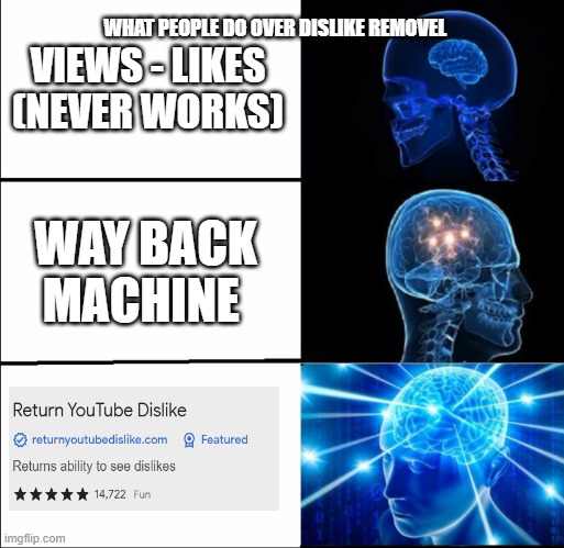 Why dont more people use this lol | WHAT PEOPLE DO OVER DISLIKE REMOVEL; VIEWS - LIKES (NEVER WORKS); WAY BACK MACHINE | image tagged in galaxy brain 3 brains | made w/ Imgflip meme maker