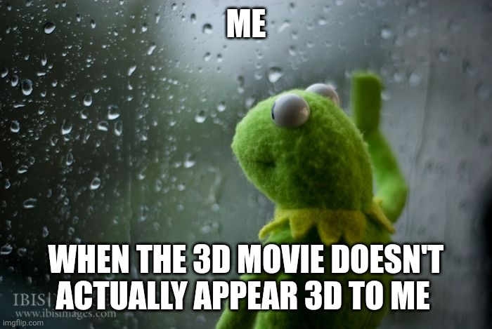 3D movies don't appear 3D to me | ME; WHEN THE 3D MOVIE DOESN'T ACTUALLY APPEAR 3D TO ME | image tagged in kermit window | made w/ Imgflip meme maker