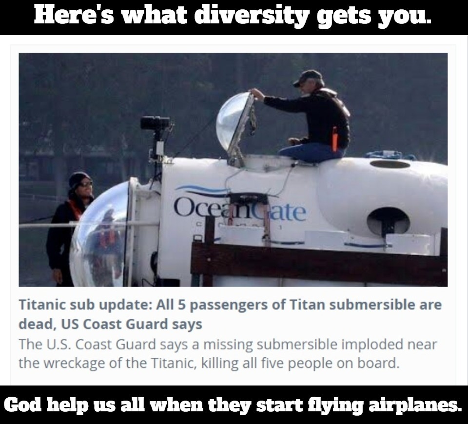 Here's what diversity gets you. | image tagged in civersity,submersible,i see dead people,i diagnose you with dead,dead inside,titanic sub | made w/ Imgflip meme maker