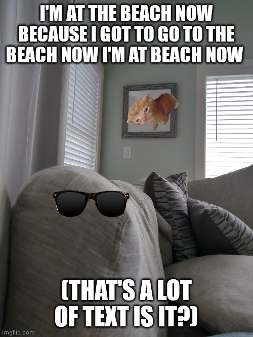 I'm at the beach | I'M AT THE BEACH NOW BECAUSE I GOT TO GO TO THE BEACH NOW I'M AT BEACH NOW; (THAT'S A LOT OF TEXT IS IT?) | image tagged in water,sand | made w/ Imgflip meme maker
