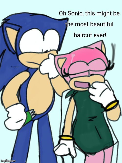 I had a art request on DeviantArt to draw Sonic giving Amy a buzz cut | made w/ Imgflip meme maker