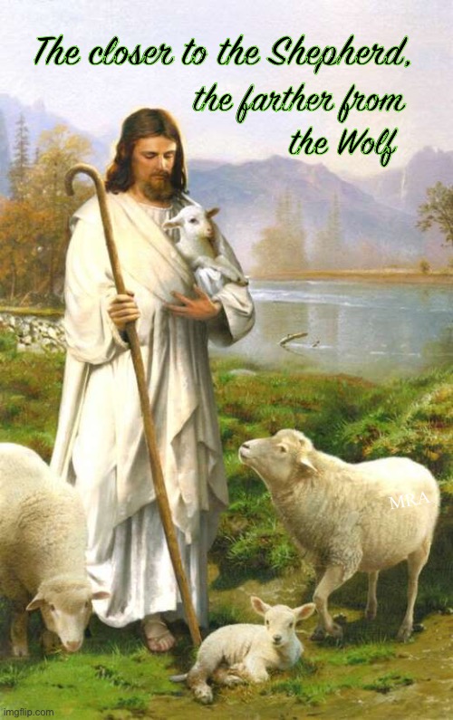 Closer to whom | The closer to the Shepherd, the farther from
    the Wolf; MRA | image tagged in memes,jesus,his flock,your salvation | made w/ Imgflip meme maker