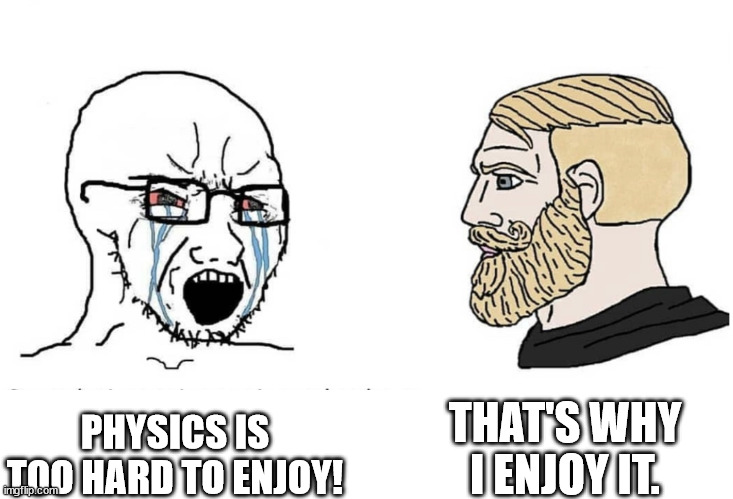 BAD PHYSICS STUDENTS BE LIKE | THAT'S WHY I ENJOY IT. PHYSICS IS TOO HARD TO ENJOY! | image tagged in soyboy vs yes chad | made w/ Imgflip meme maker