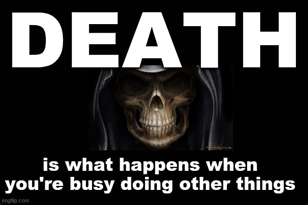 DEATH.....is what happens when you're busy doing other things | DEATH; is what happens when you're busy doing other things | image tagged in death,skull,hell | made w/ Imgflip meme maker