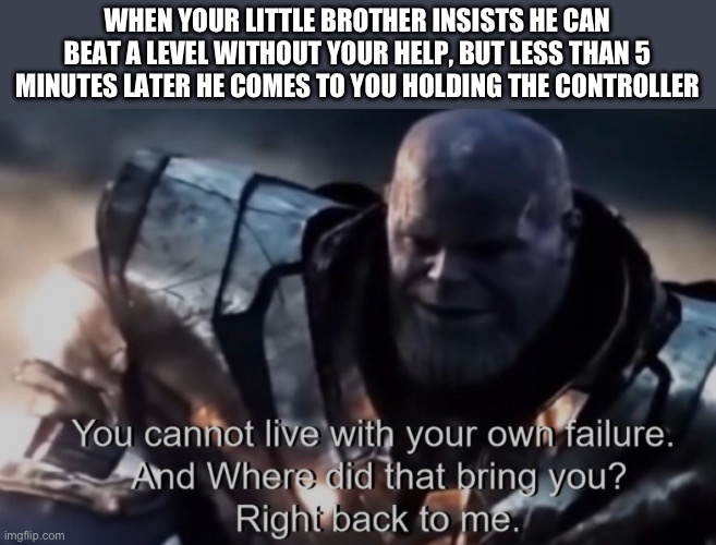 Happened to me once | WHEN YOUR LITTLE BROTHER INSISTS HE CAN BEAT A LEVEL WITHOUT YOUR HELP, BUT LESS THAN 5 MINUTES LATER HE COMES TO YOU HOLDING THE CONTROLLER | image tagged in thanos you could not live with your own failure,memes,funny,marvel | made w/ Imgflip meme maker