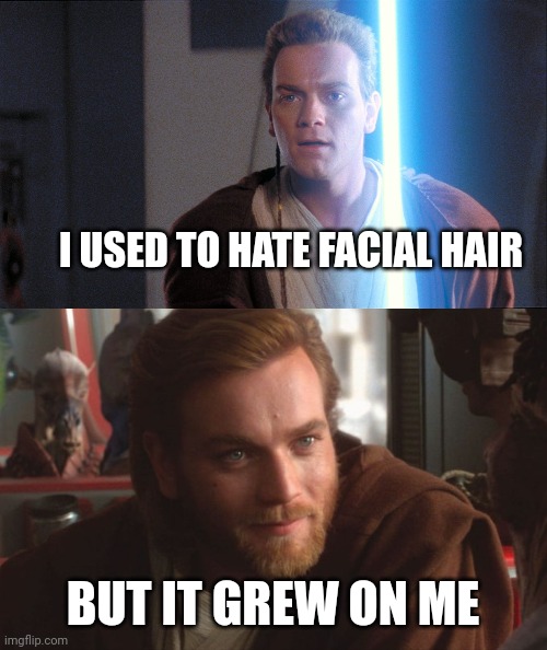Facial Hair Grew | I USED TO HATE FACIAL HAIR; BUT IT GREW ON ME | image tagged in beard,obi wan kenobi,star wars prequels,star wars | made w/ Imgflip meme maker