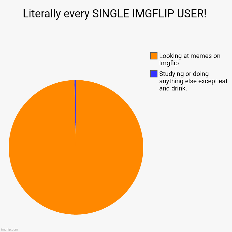 Literally every SINGLE IMGFLIP USER! | Studying or doing anything else except eat and drink., Looking at memes on Imgflip | image tagged in charts,pie charts | made w/ Imgflip chart maker