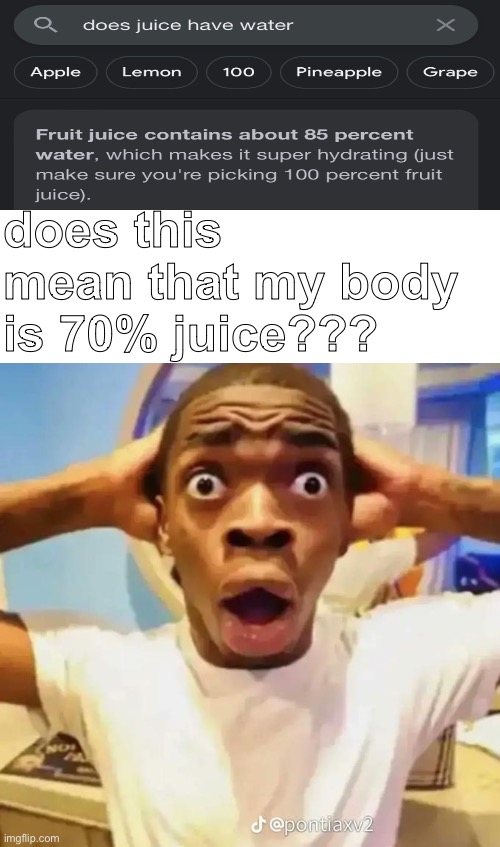 Shocking discovery | does this mean that my body is 70% juice??? | image tagged in shocked black guy | made w/ Imgflip meme maker