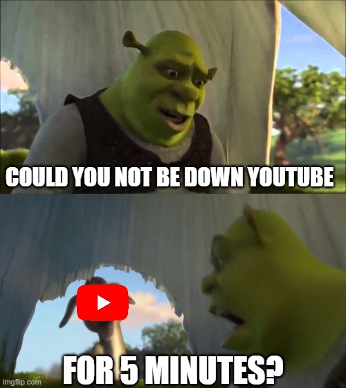 My response to YouTube being down as of right now. | COULD YOU NOT BE DOWN YOUTUBE; FOR 5 MINUTES? | image tagged in shrek five minutes | made w/ Imgflip meme maker