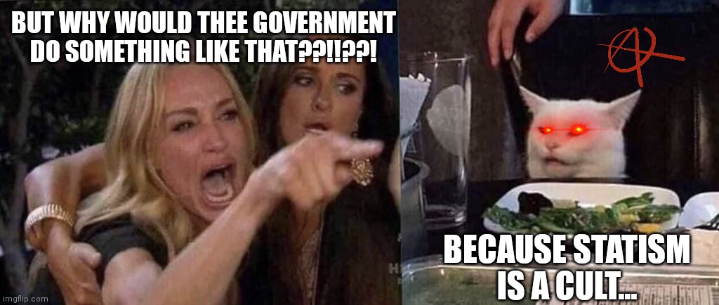 woman yelling at cat | BUT WHY WOULD THEE GOVERNMENT DO SOMETHING LIKE THAT??!!??! BECAUSE STATISM IS A CULT... | image tagged in woman yelling at cat | made w/ Imgflip meme maker