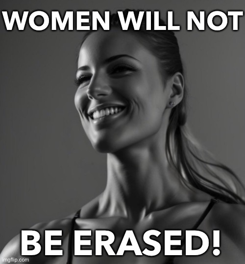 Women Will Not Be Erased! | WOMEN WILL NOT; BE ERASED! | image tagged in female giga chad | made w/ Imgflip meme maker