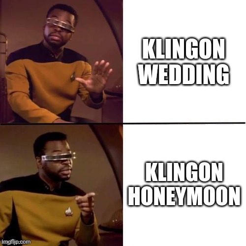 Geordi Drake | KLINGON WEDDING; KLINGON HONEYMOON | image tagged in geordi drake,star trek,klingon | made w/ Imgflip meme maker