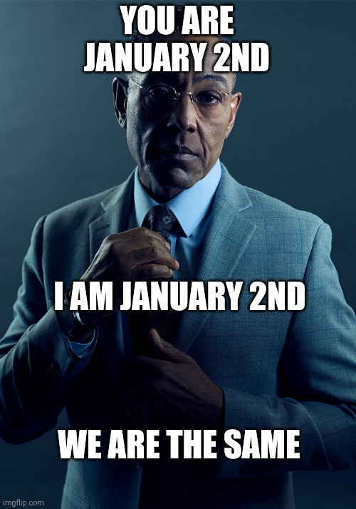 Gus Fring we are not the same | YOU ARE JANUARY 2ND I AM JANUARY 2ND WE ARE THE SAME | image tagged in gus fring we are not the same | made w/ Imgflip meme maker