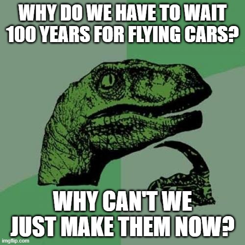 Like, why? | WHY DO WE HAVE TO WAIT 100 YEARS FOR FLYING CARS? WHY CAN'T WE JUST MAKE THEM NOW? | image tagged in memes,philosoraptor | made w/ Imgflip meme maker