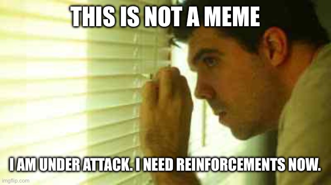 Help | THIS IS NOT A MEME; I AM UNDER ATTACK. I NEED REINFORCEMENTS NOW. | image tagged in paranoid guy | made w/ Imgflip meme maker