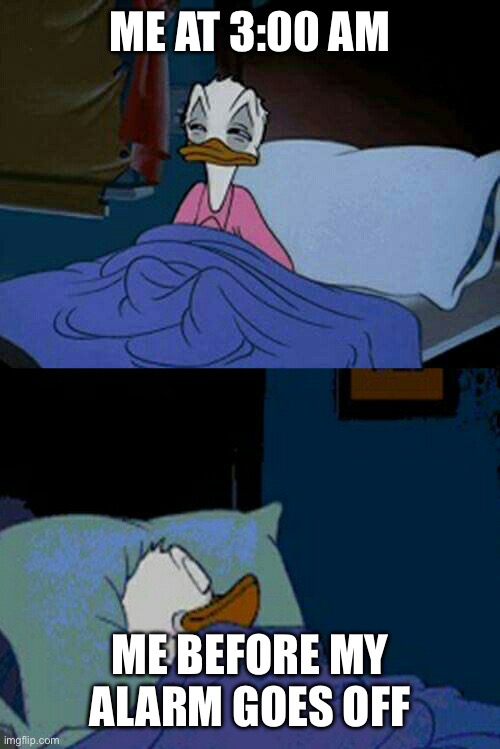 Why tho? | ME AT 3:00 AM; ME BEFORE MY ALARM GOES OFF | image tagged in sleepy donald duck in bed | made w/ Imgflip meme maker