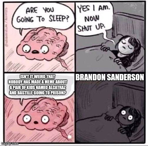 Are you going to sleep? | BRANDON SANDERSON; ISN'T IT WEIRD THAT NOBODY HAS MADE A MEME ABOUT A PAIR OF KIDS NAMED ALCATRAZ AND BASTILLE GOING TO PRISON? | image tagged in are you going to sleep | made w/ Imgflip meme maker